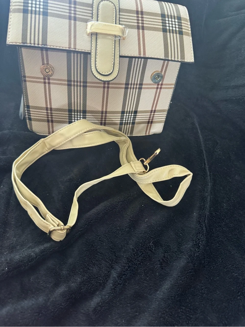 Plaid Crossbody Bag in Beige with Gold Hardware vegan leather